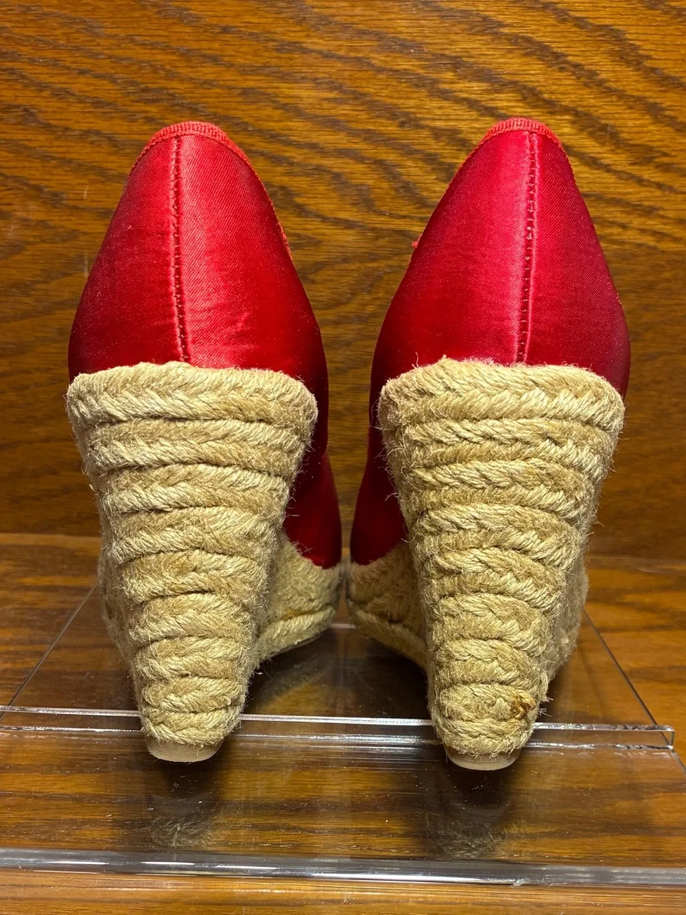 Nine West Red Satin Espadrille Peep Toe Wedges Size 8